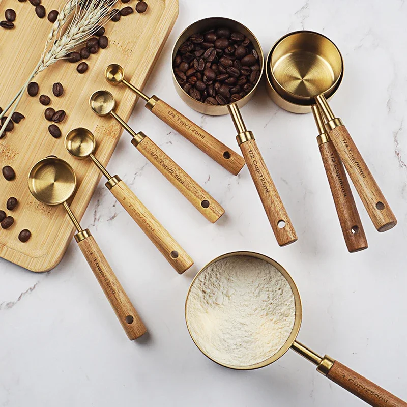 

4/8pcs Wooden Gold Measuring Cups And Spoons Stainless Steel Food Coffee Flour Scoop Kitchen Scale Baking Cooking Gadget Sets