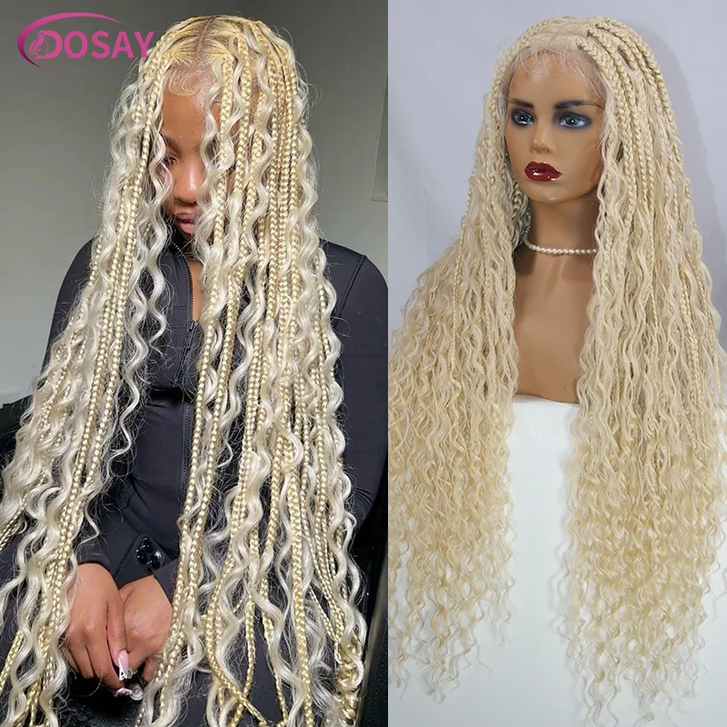 

Blonde 613 Full Lace Front Synthetic Braided Wigs Boho Box Braids Wig 32'' Square Knotless Braided Wig With Curly Ends For Woman