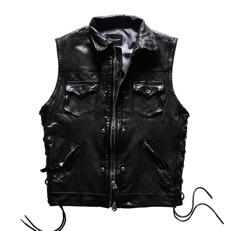 

Мужская кожаная куртка в стиле панк, куртка без рукавов, локомотивная жилетка, регулируемый черный жилет, 2024