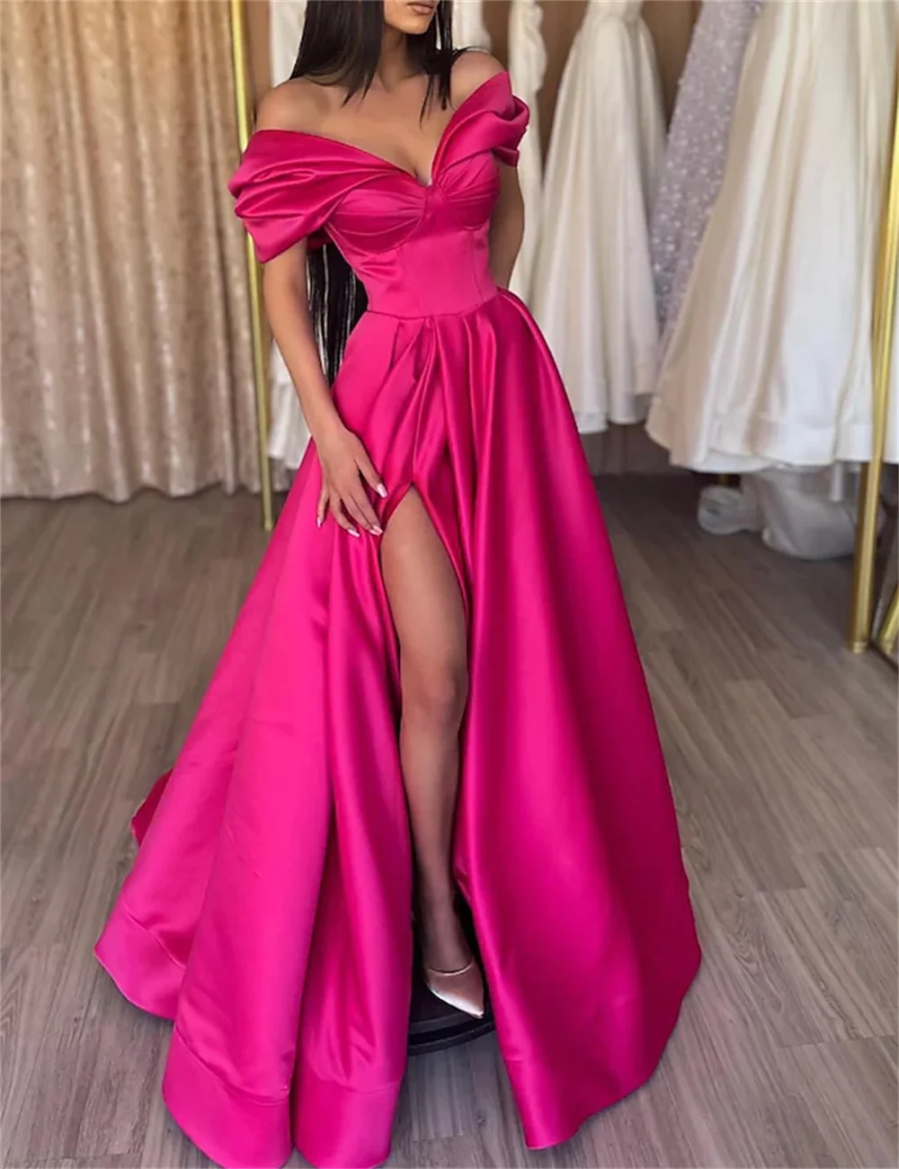 

Elegant Pure Color A-Line Evening Dresses Formal Prom Gown Party Dresses Floor Length Short Sleeve Off Shoulder Satin with Slit