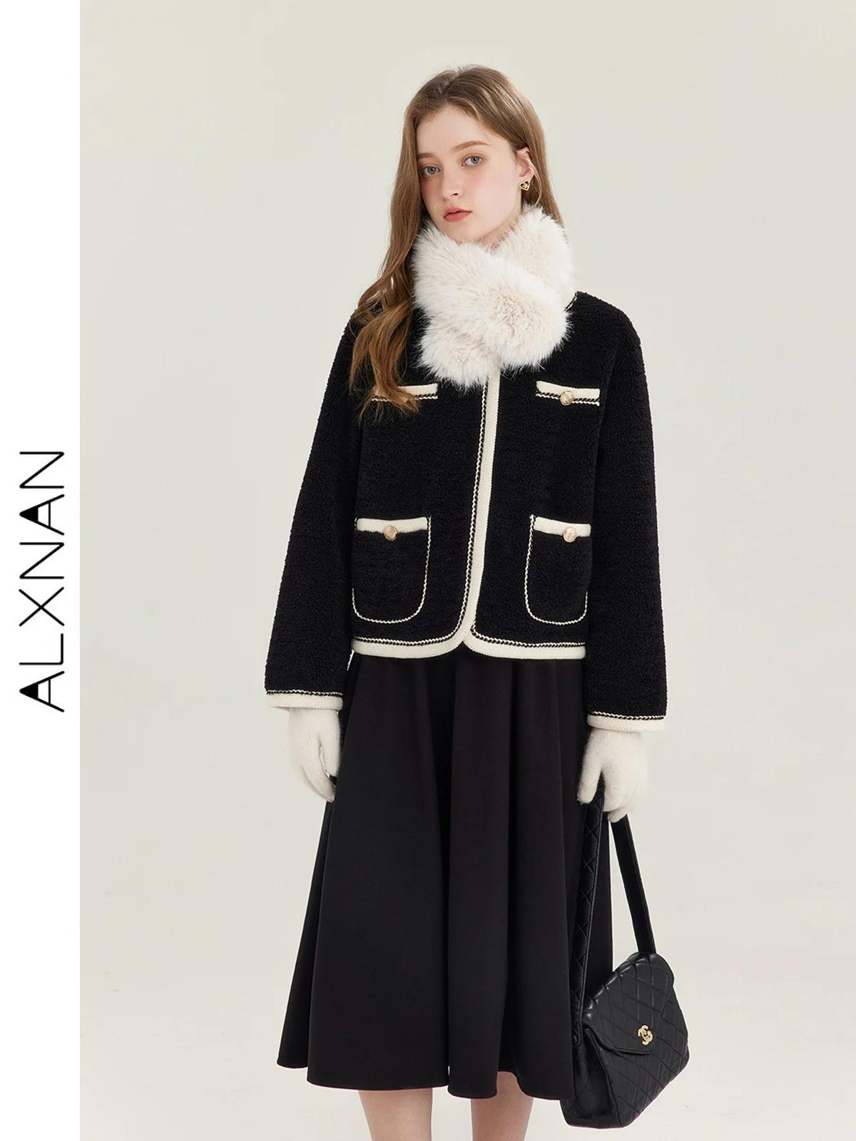 

ALXNAN Fashion Faux Lamb Wool Jacket Women's 2024 Winter New Casual Color Block Long Sleeve Plush Top Female Outfit T01031