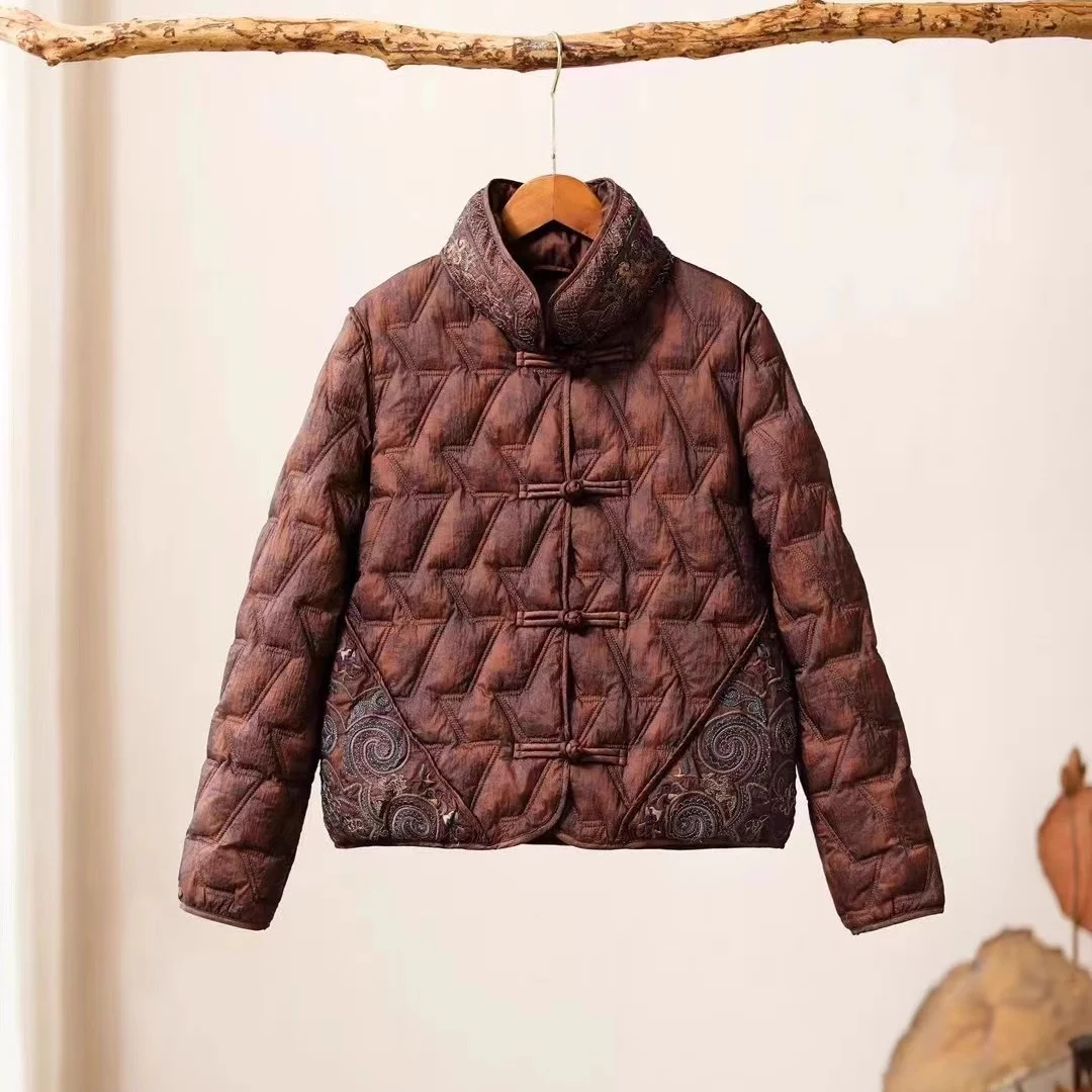 

Роскошный короткий пуховик в китайском стиле, винтажная стеганая куртка с вышивкой, легкая коричневая куртка с подкладкой, зимнее женское пальто