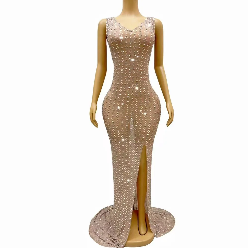 

Sexy Stage Luxurious Full Crystals Big Train Split Stretch Nude Dress Evening Birthday Celebrate Party Dance Rhinestones Costume