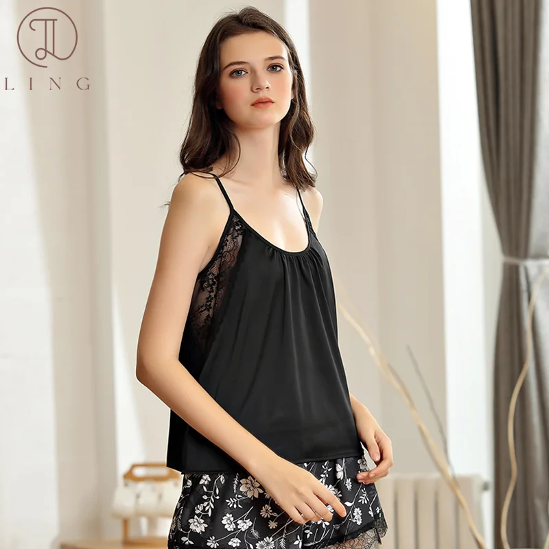 

Ling Pajama Suit Sexy Silk Satin Women's Sleepwear Short Homewear Clothing Lace Bellyband Backless Sleep Shorts Set Black Color