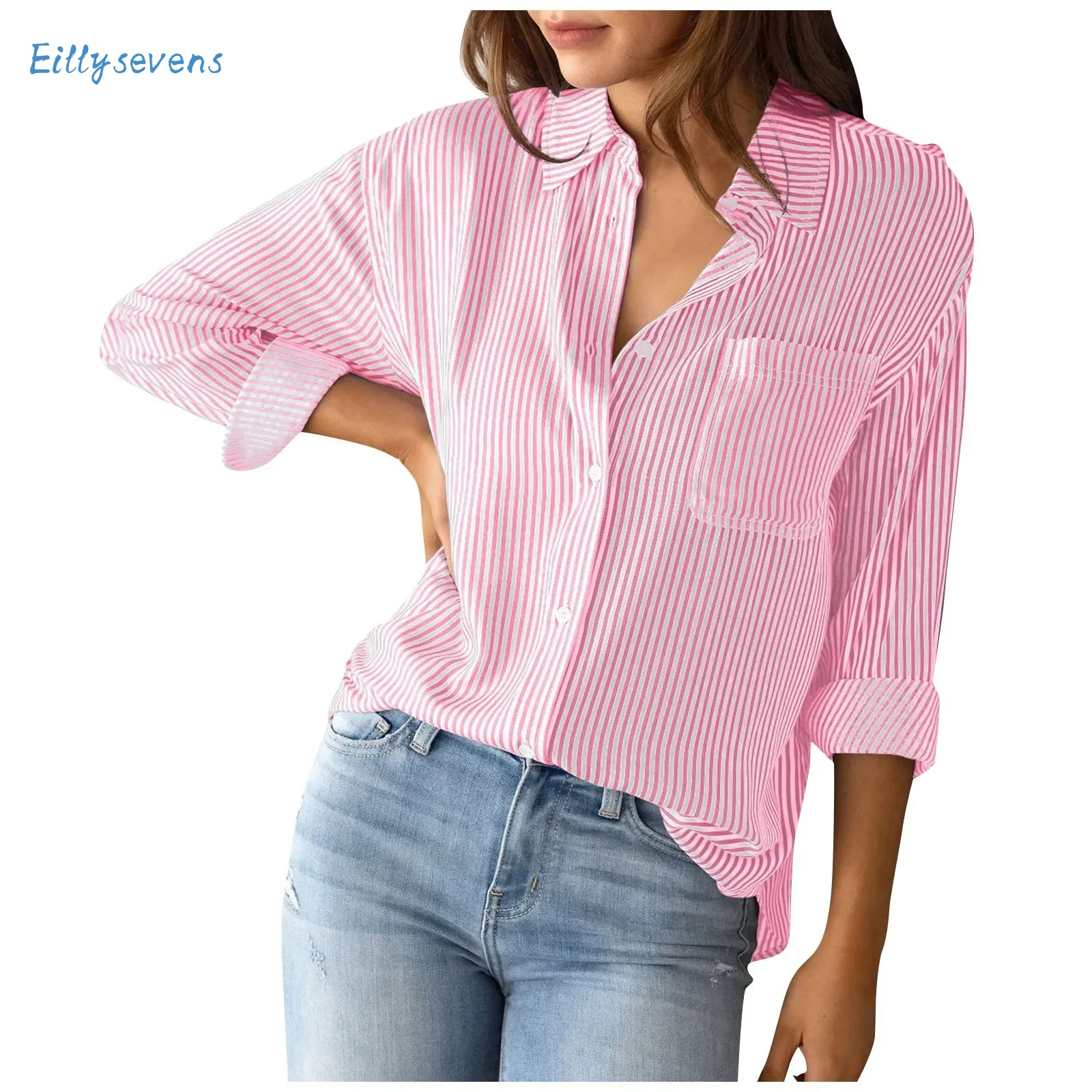 

Женские полосатые рубашки, Классическая универсальная блузка с воротником на пуговицах и отворотом, топы с нагрудным карманом, свободные удобные тонкие рубашки с длинными рукавами