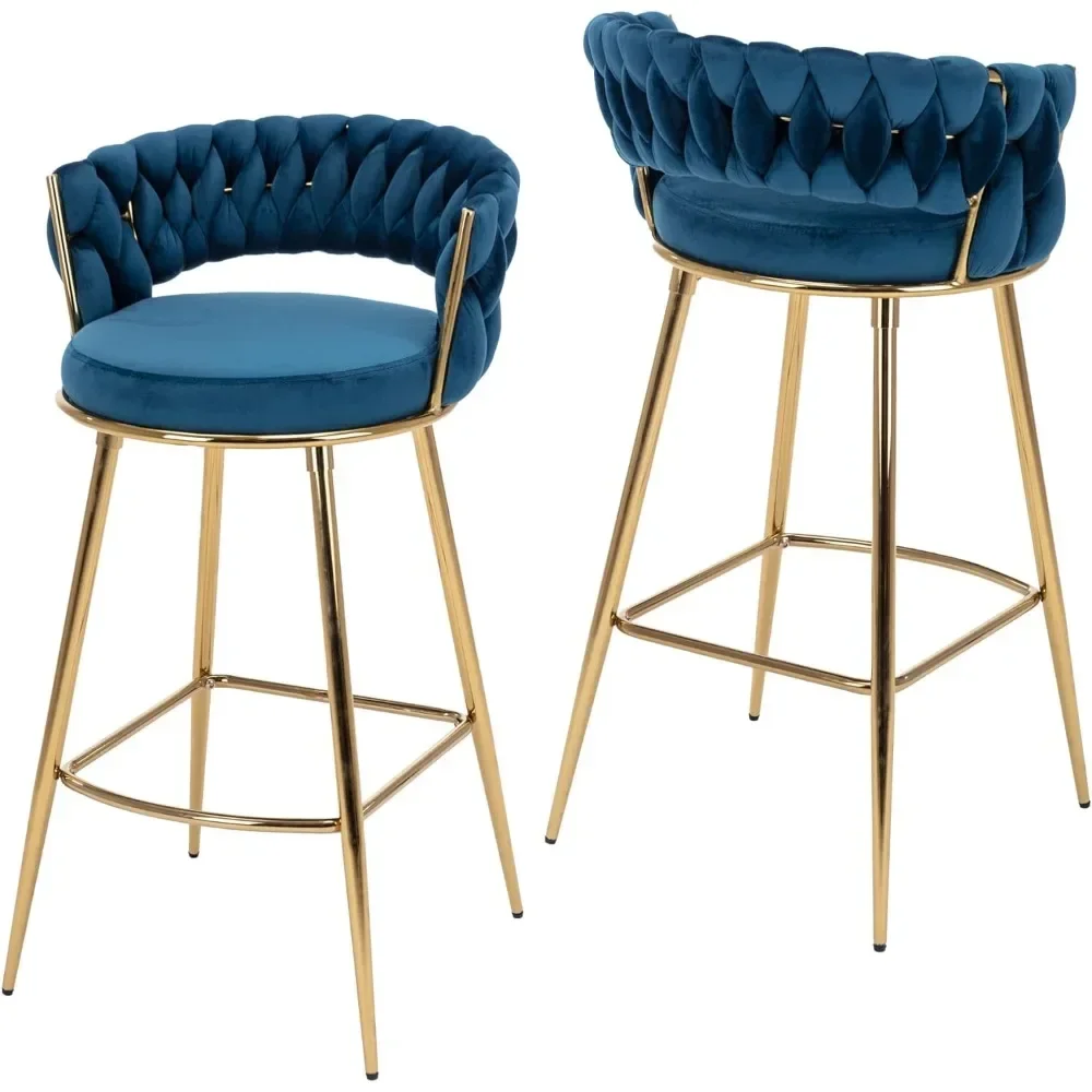 

Bar Stools Set of 2, 29 Inches Height Comfy Seat and Sturdy Golden Metal Legs, Handmade Woven Back Armrest, Bar Chair