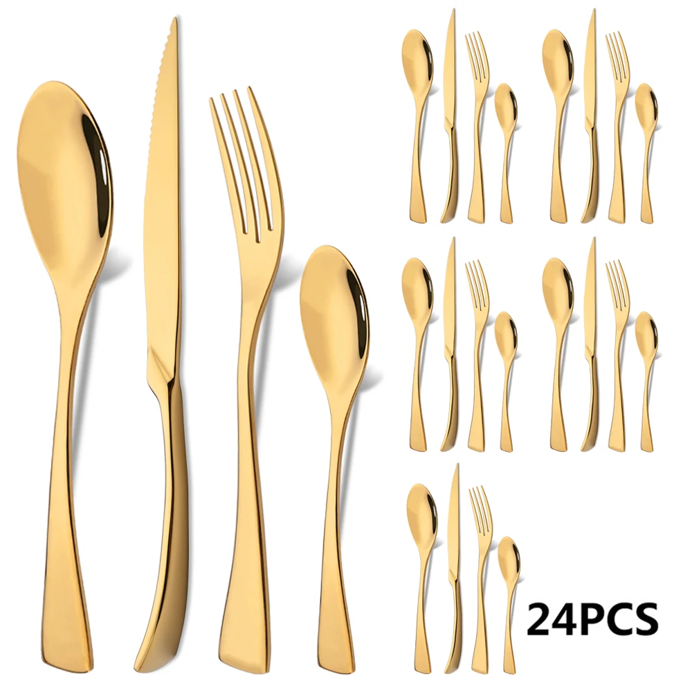 

Flatware Gold 24Pcs Dinnerware Cutlery Set 18/10 Stainless Steel Tableware Forks Steak Knives Coffee Spoons Silverware for Home