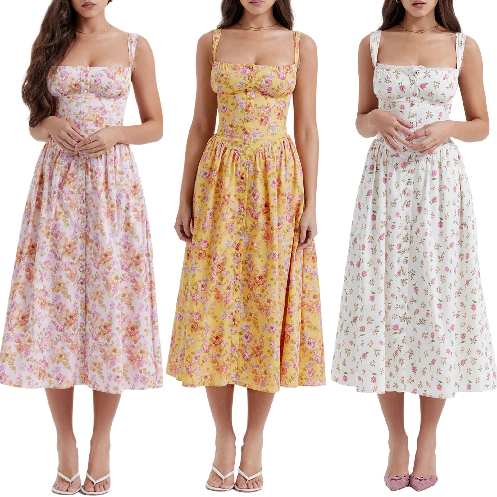 Women Vintage Summer Dress Floral Spaghetti Strap Midi Dress Button Down Low Cut Square Neck Sleeveless Backless A Line Dresses
Women Vintage Summer Dress Floral Spaghetti Strap Midi Dress Button Down Low Cut Square Neck Sleeveless Backless A Line Dresses