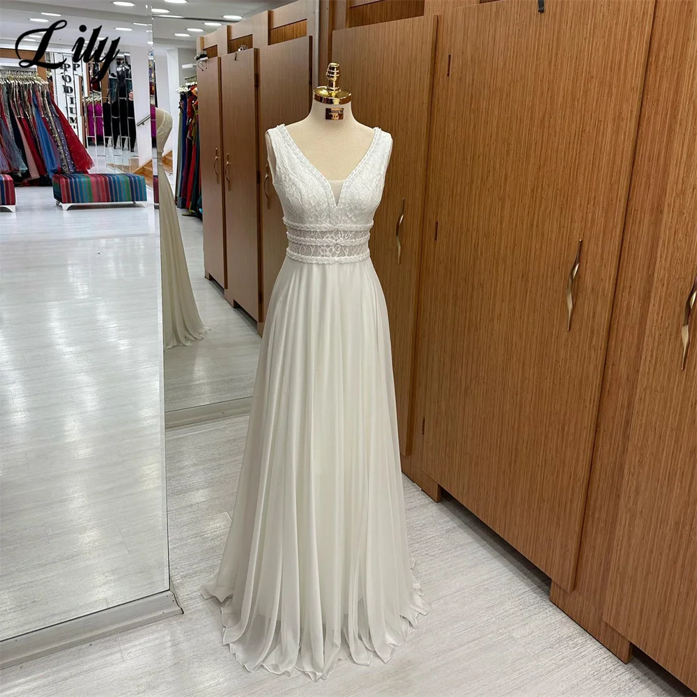 

Lily White فستان سهرة V-Neck Lace Prom Dress Sleeveless Chiffion Evening Dresses With Pleats Beading Tank Beach Party Dress