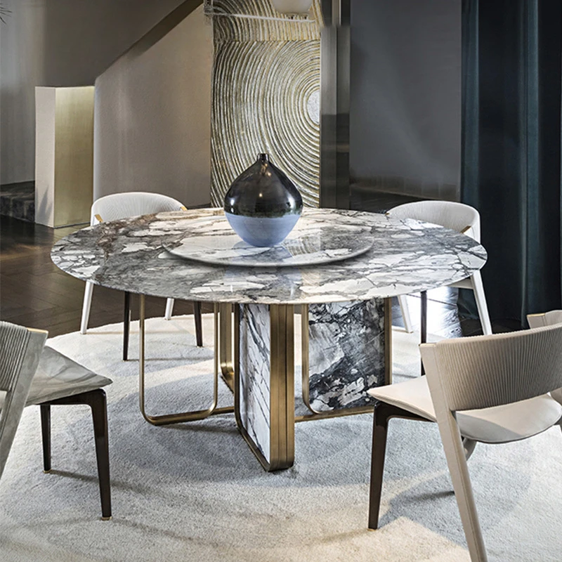 

Natural marble dining table with turntable round Italian minimalist villa high-end Hanjiang snow luxury stone dining table and c