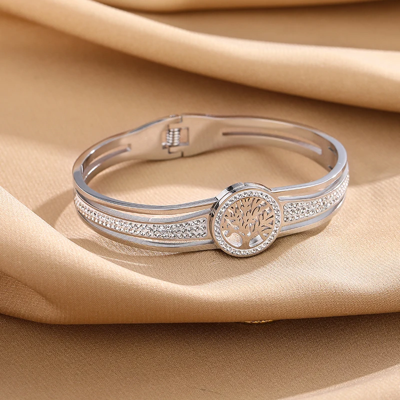 Stainless Steel Bangle Tree Of Life With Stone Wristband Gold Color And Silver Color Stainless Steel Bangle Tree Of Life With Stone Wristband Gold Color And Silver Color
