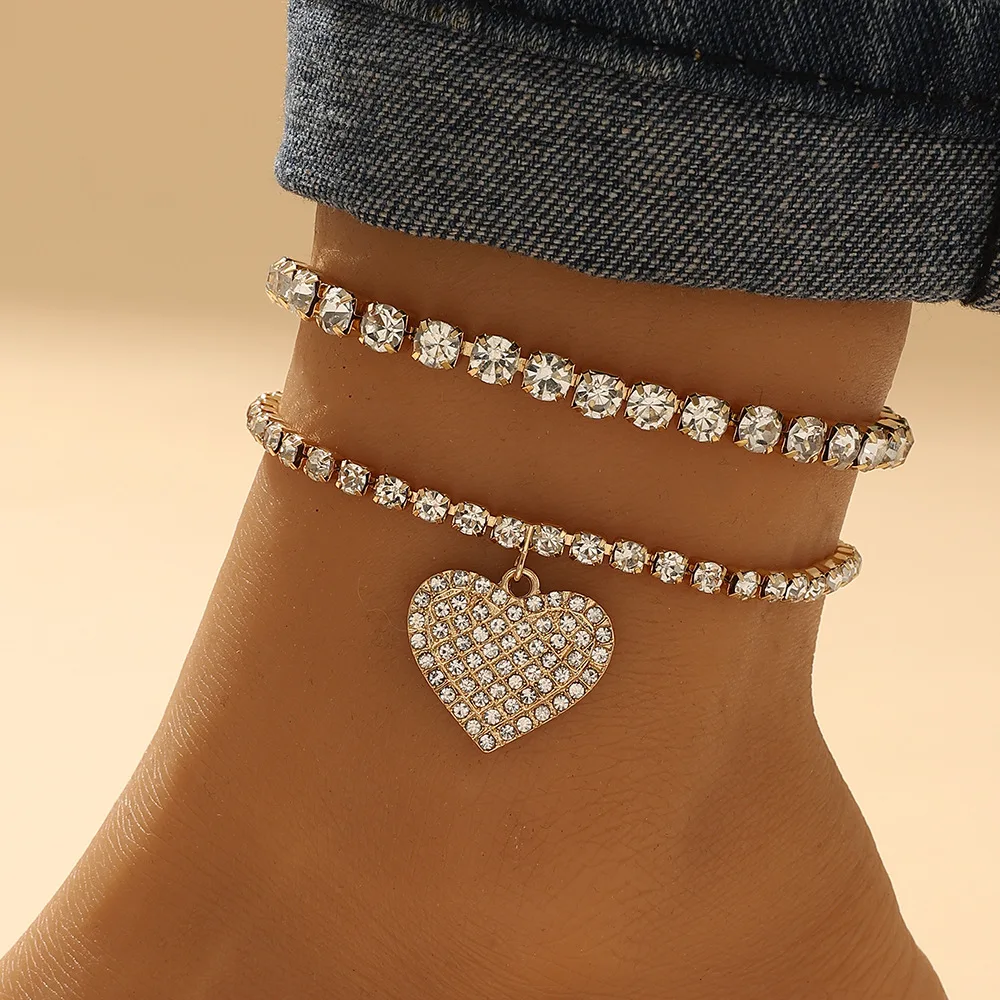 

Two Piece Set Heart Crystal Anklet Beach Charms Ankle Bracelet Halhal Jewellery Anklets For Women Indian Jewelry Foot Bracelet