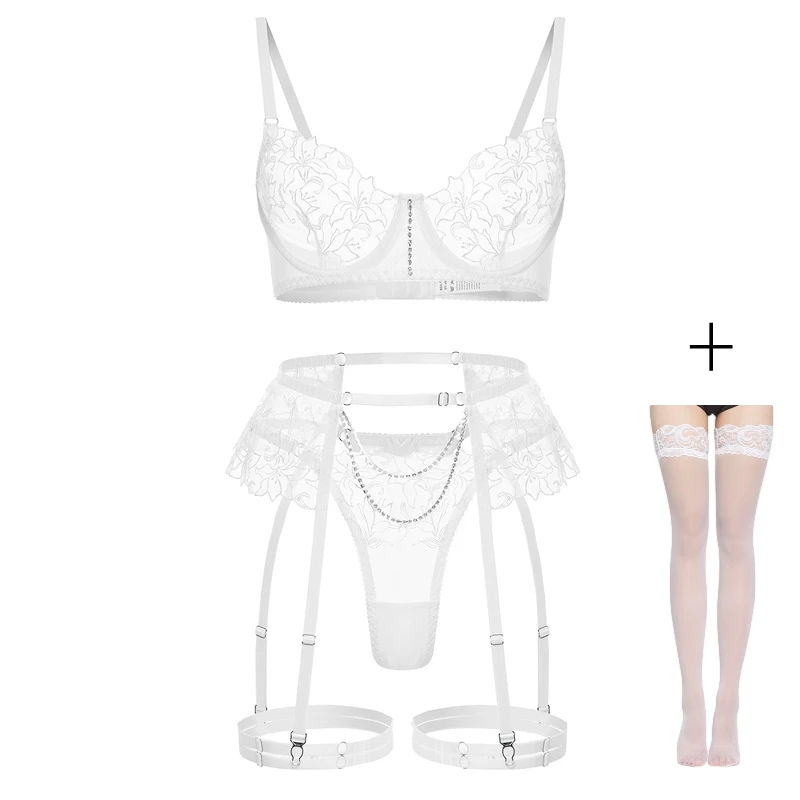 Sexy Women White Thin Bra and Panty Set See Through Mesh Lace Embroidery Lingerie Garters Outfit Push Up Underwear Suit 5-Piece
Sexy Women White Thin Bra and Panty Set See Through Mesh Lace Embroidery Lingerie Garters Outfit Push Up Underwear Suit 5-Piece
