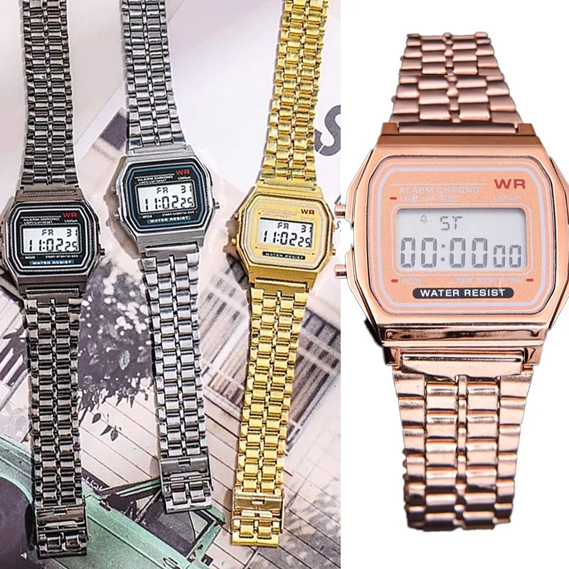 

F91W Steel Strip Watch Retro Stainless LED Display Wristwatch Electronic Timepiece Digital Clock Folding Pin Buckle Watchband