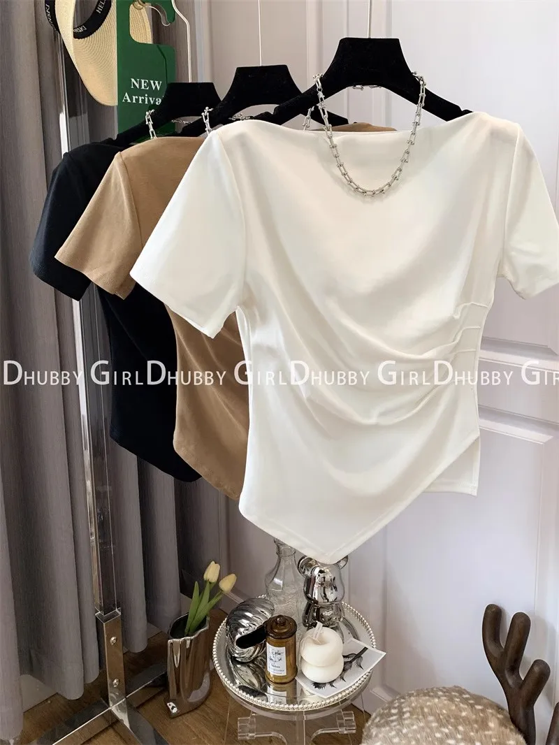 T-shirts Women Summer Solid Pleated Design Tops Short Sleeve Slim Sexy Top Korean Style Fashion Streetwear Ladies
T-shirts Women Summer Solid Pleated Design Tops Short Sleeve Slim Sexy Top Korean Style Fashion Streetwear Ladies