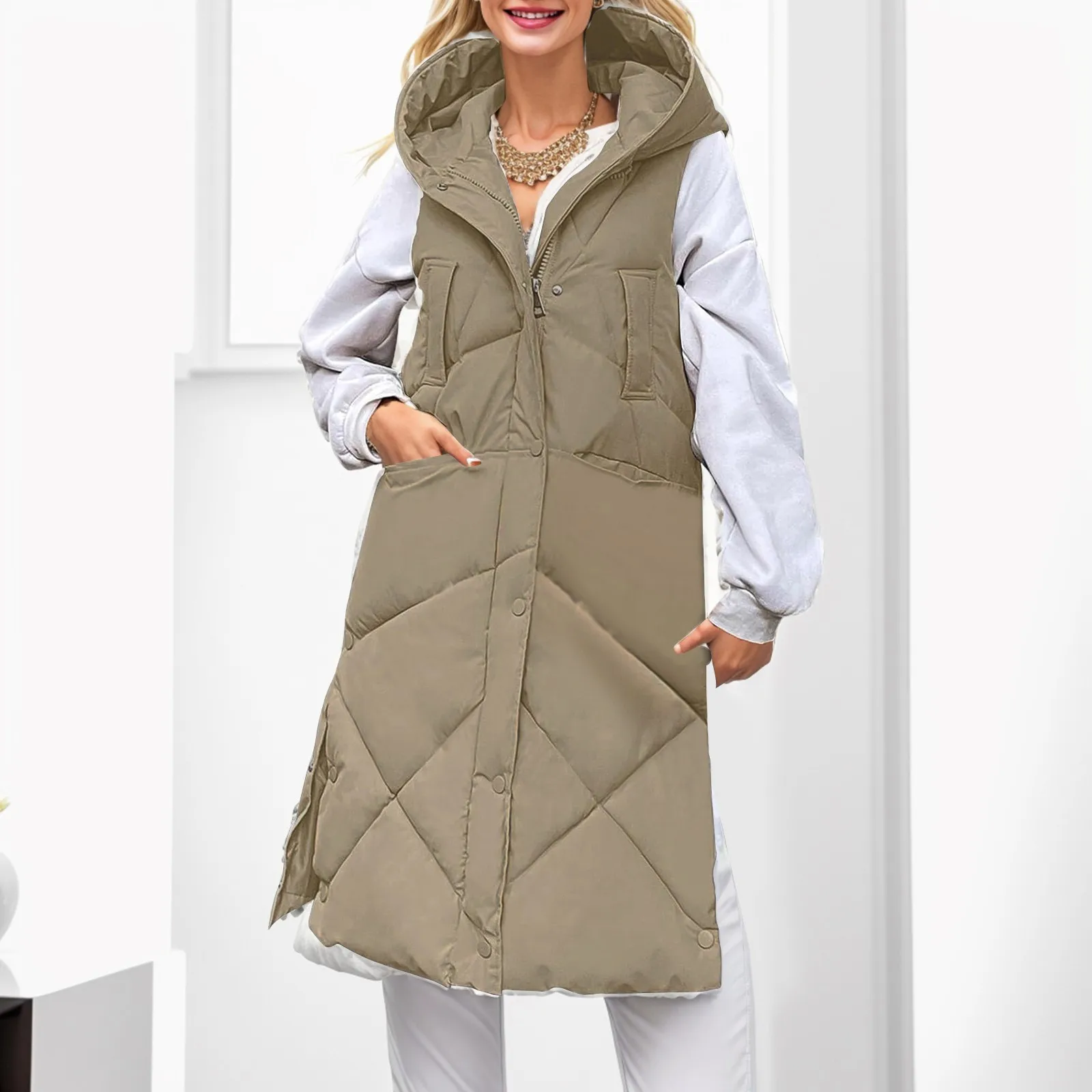 

Womens Quilted Puffer Vest Long Sleeved Hooded Jackets Winter Warm Gilet Coats Outwear With Pocket 2023 Fall Winter Casual Vest