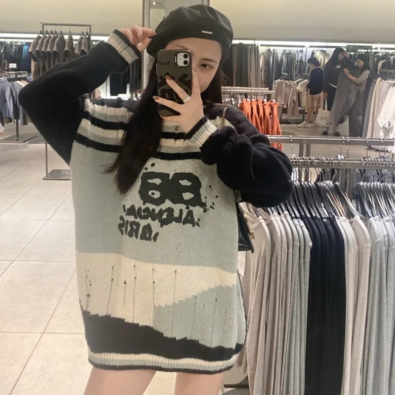 

Paris Hand-painted Graffiti Printed Knitted Sweater Balencis High Quality Color Blocking Design Pullover High Street Fashion Top