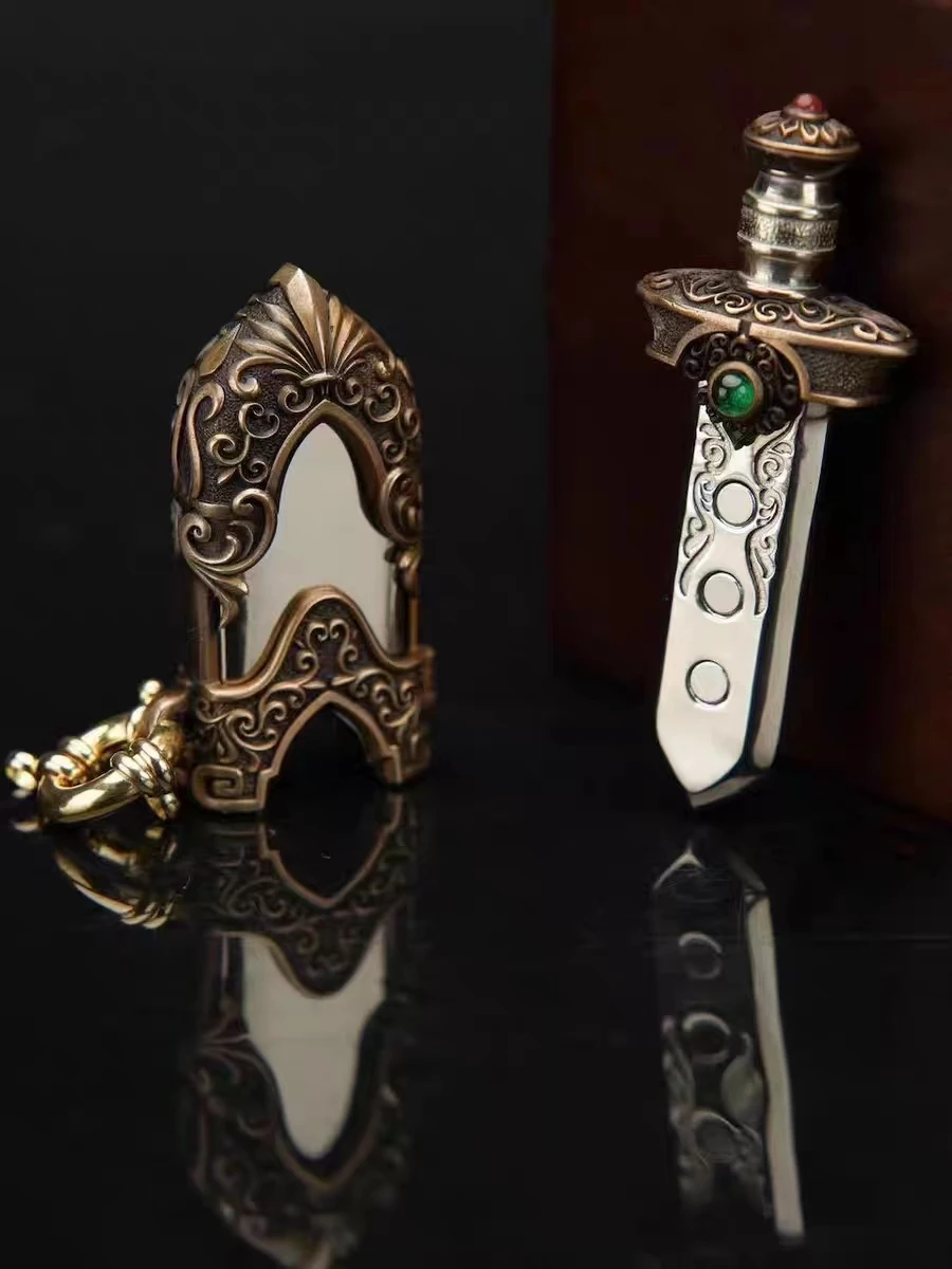 

7.5cm Sword Push Slider Bronze Cupronickel Handmade Inlaid EDC Keychain Pendant Magnetic Slider Metal Fidget Slider Fidget Toys