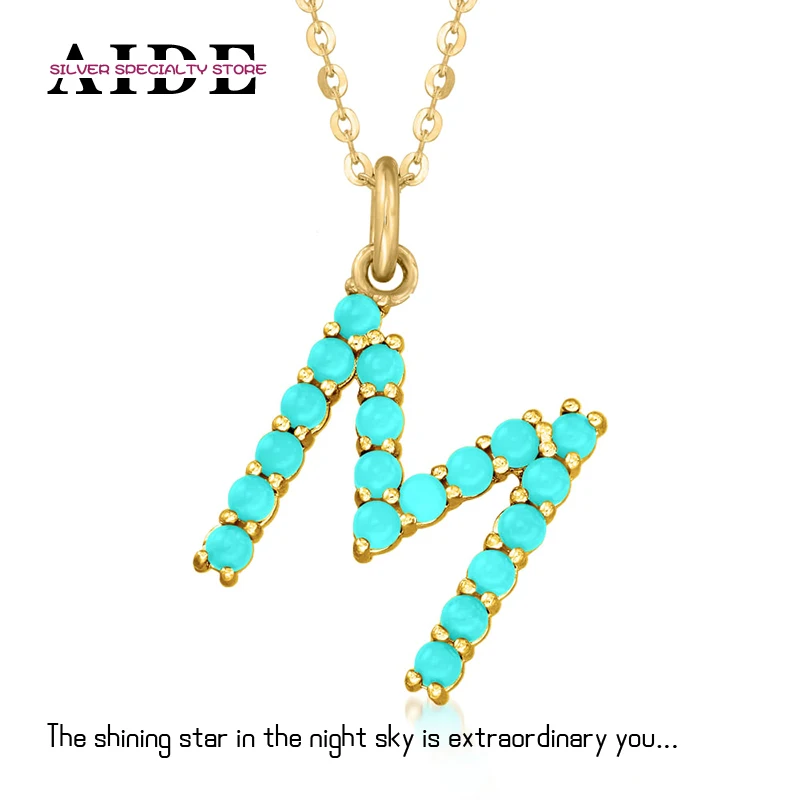 

AIDE 925 Sterling Silver Turquoise Initial 26 Letters Pendant Clavicle Necklace Gold Chains for Women Accessories Jewelry Gifts