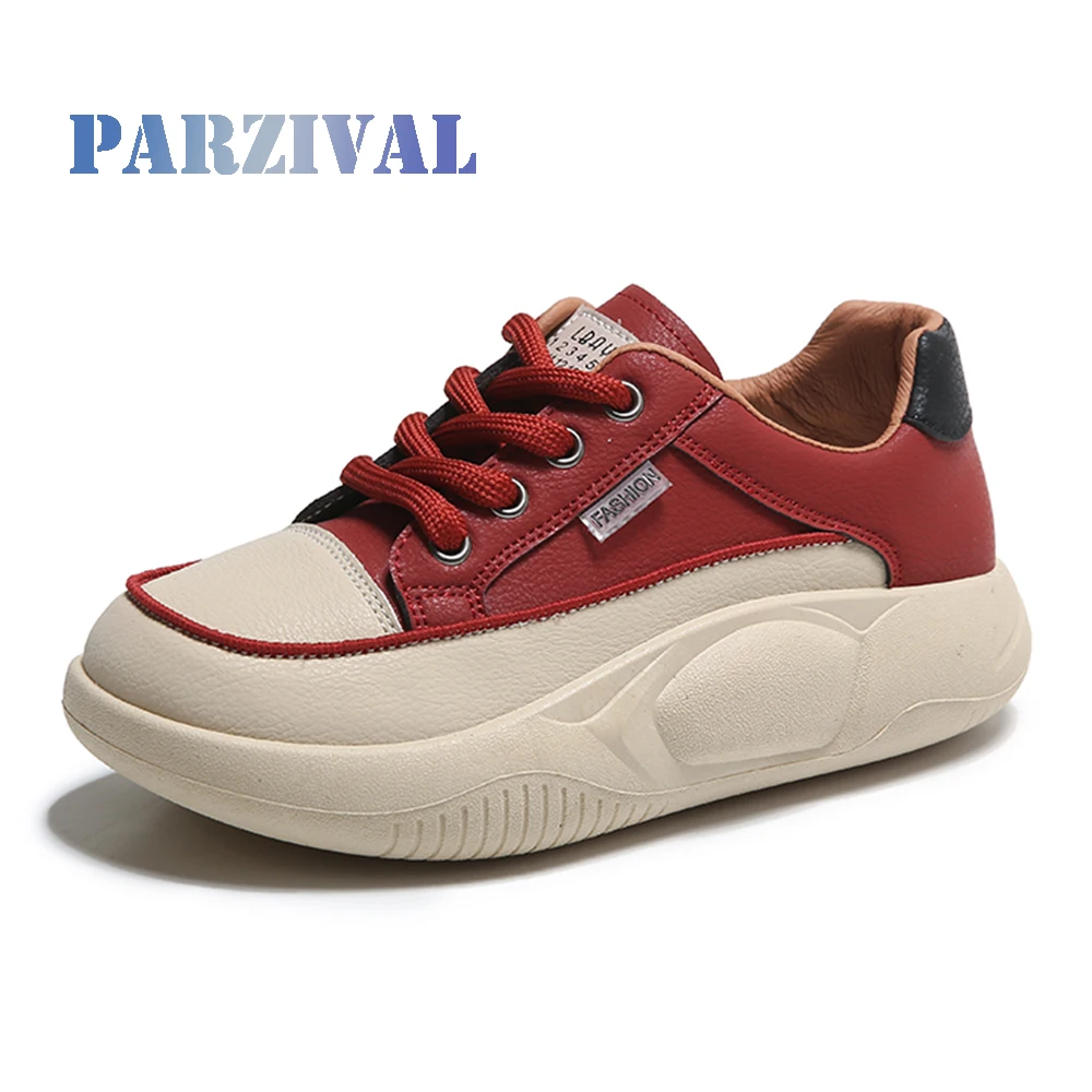 

PARZIVAL Women Sneakers Platform Shoes 2023 Autumn Lace-Up Flats Fashion Leather Casual Ladies Vulcanized Shoes Zapatillas Mujer