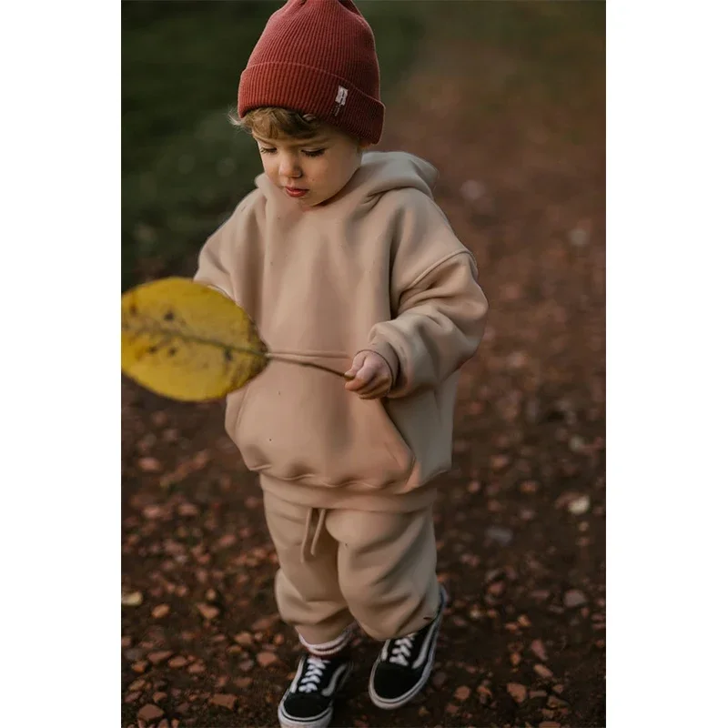 

Children's Cotton Hooded Sweater Sweatpants 2pcs Set Autumn Winter New Solid Color Thickened Warm Casual Boys And Girls Suits