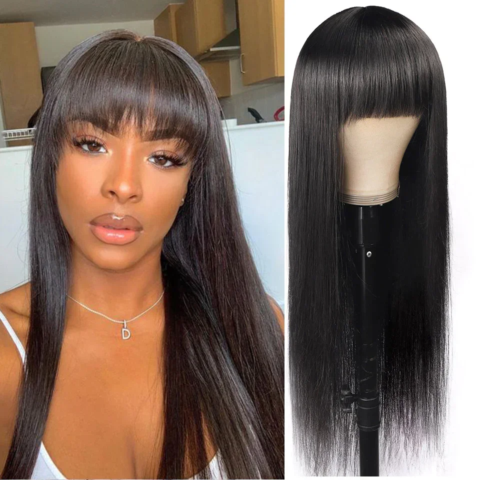 

Silky Straight Human Hair Wigs With Bang Full Machine Made Wigs Natural Color Glueless Long Fringe Brazilian Remy Human Hair Wig