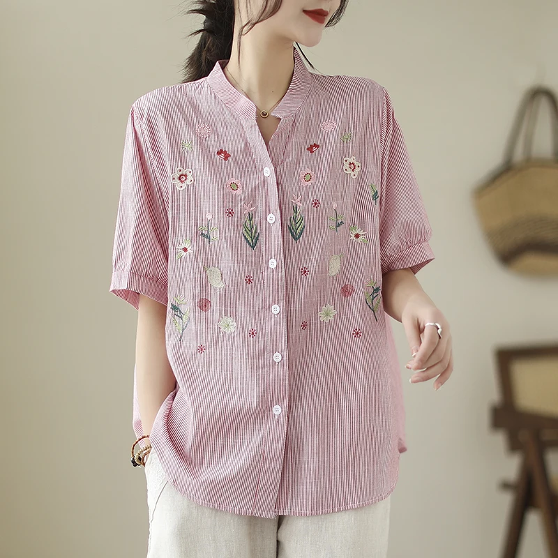 

Женская свободная рубашка из хлопка и льна, повседневная винтажная блузка с цветочной вышивкой и V-образным вырезом, с коротким рукавом, модель X1163 на лето, 2024