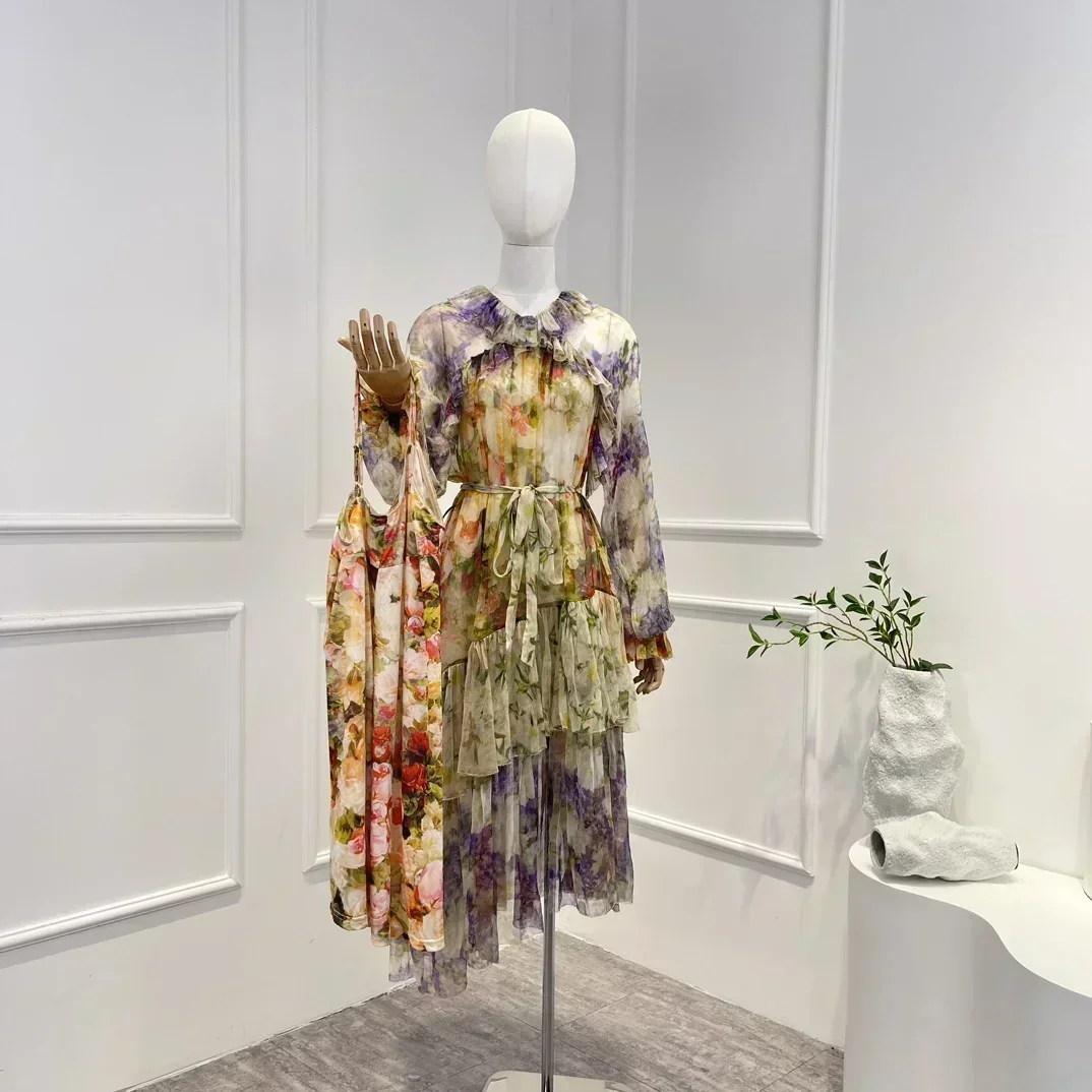 

Женское платье-миди из чистого шелка, винтажное платье с воланом, длинным рукавом-фонариком и цветочным принтом, необычное платье 2023