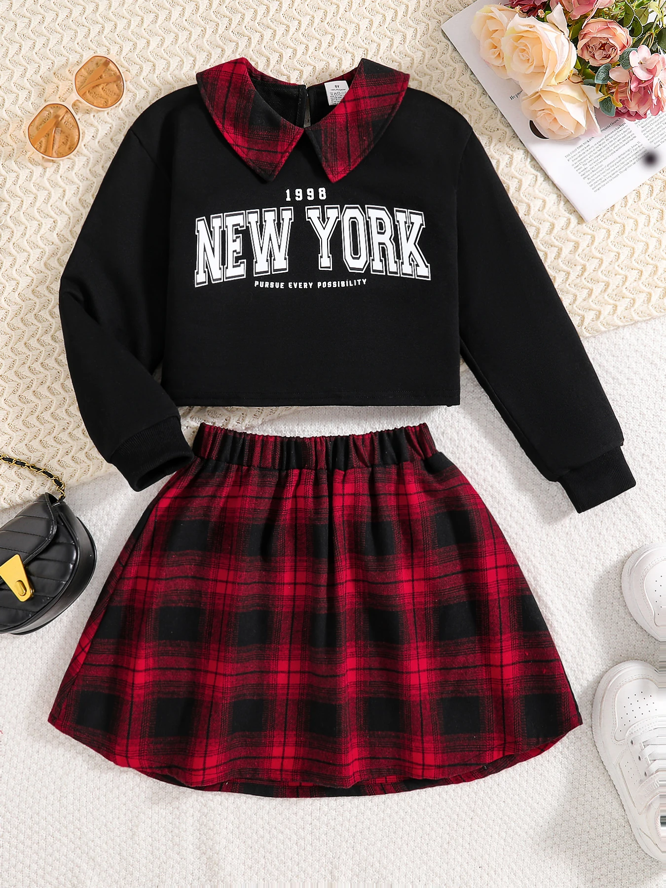 الفتيات أزياء عارضة 2 قطعة مجموعة طية صدر السترة السوداء بأكمام طويلة إلكتروني طباعة قميص منقوشة تنورة ربيع الخريف جديد الفتيات أزياء عارضة 2 قطعة مجموعة طية صدر السترة السوداء بأكمام طويلة إلكتروني طباعة قميص منقوشة تنورة ربيع الخريف جديد