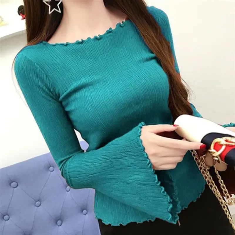 

2023 New Spring and Autumn Fashion Simple Solid Elastic Slim Fit Wooden Ear Edge One Line Neck Flare Sleeve Knit Underlay Shirt