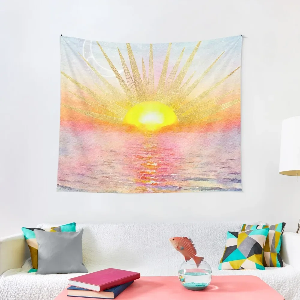 

Sea Sunset Watercolor Gold Sun Doodles Mandala Tapestry Decoration Home Wall Hangings Decoration Tapestry