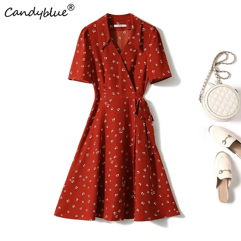 

Женское винтажное шифоновое платье-трапеция, элегантное удобное свободное платье с коротким рукавом и отложным воротником, красное платье с принтом на шнуровке