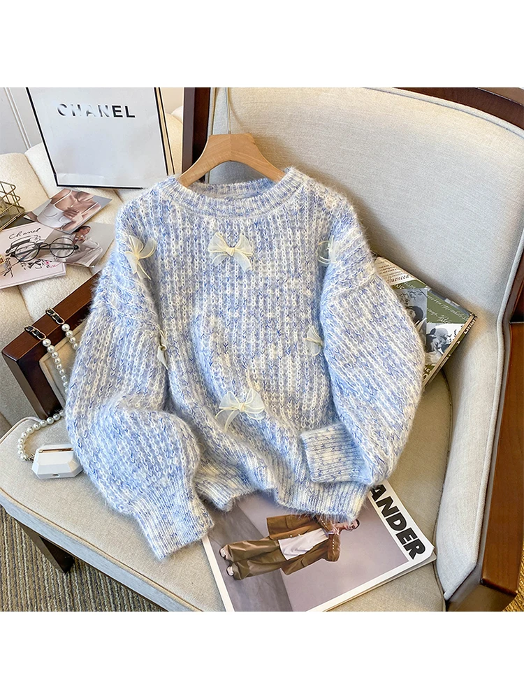 

Women's Blue Cute Bow Pullover Knitted Sweater Ladies 90s Fashion Long Sleeve Knit Sweater Korean Jumper Top Y2k Vintage Clothes