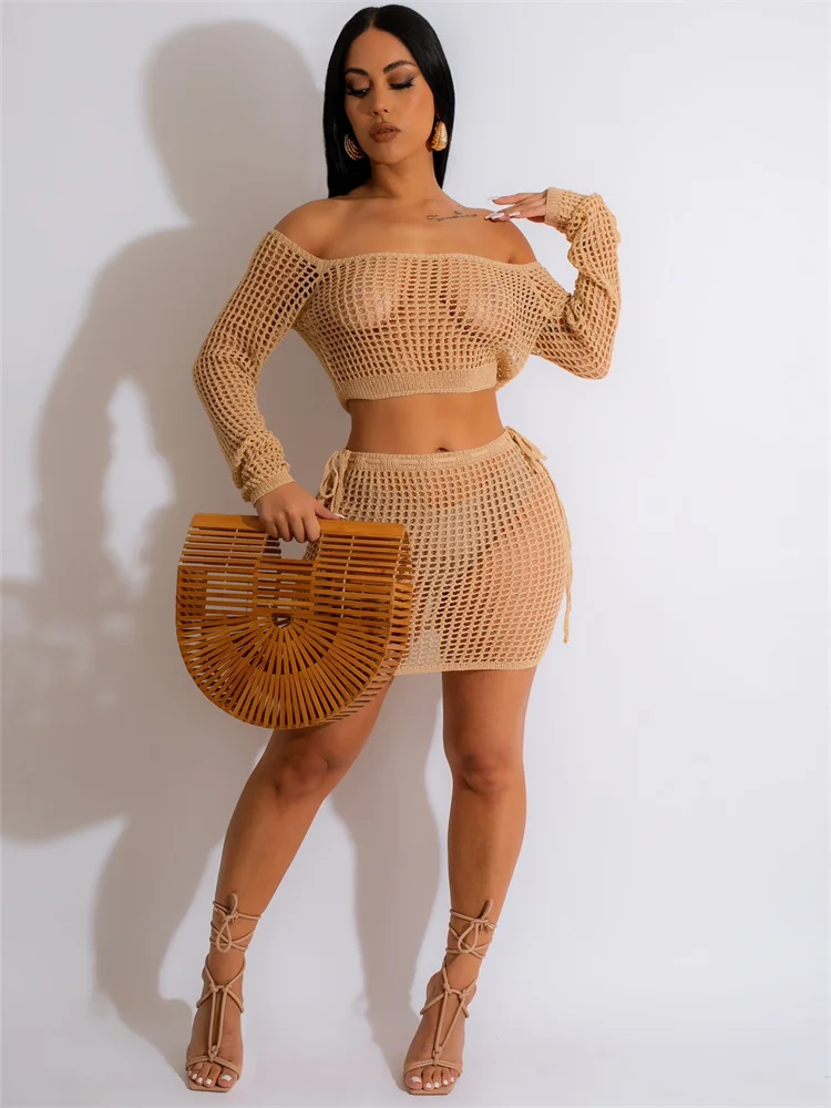 

RT Sexy Women Crochet Set Slash Neck Long Sleeves Crop Top Short Skirt Knitted Two Pieces Set Crocheted Dress Cover Ups