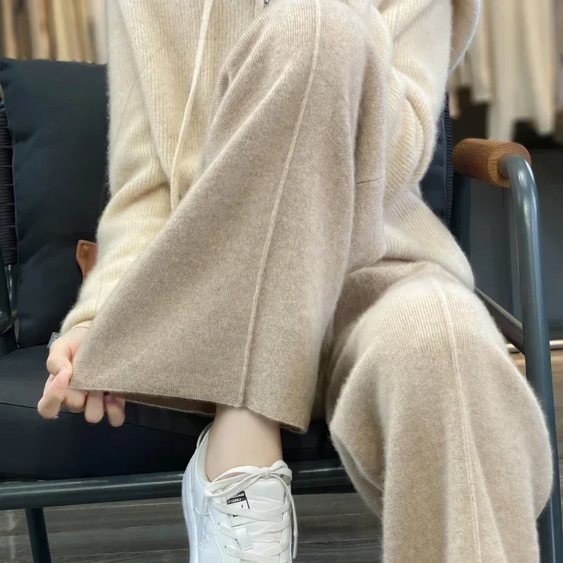

Women's Wide-Leg Pants Fall/Winter High Waist Drooping Slimming Casual Loose Straight Knit Wool Mop Trousers Outer Wear