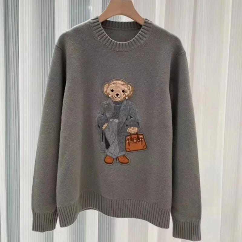 

New Fall/Winter Pullover Ralph Women's Sweater O-Neck Bear Embroidery Stylish Casual Loose Knit Women's Lauren Sweater Jacket