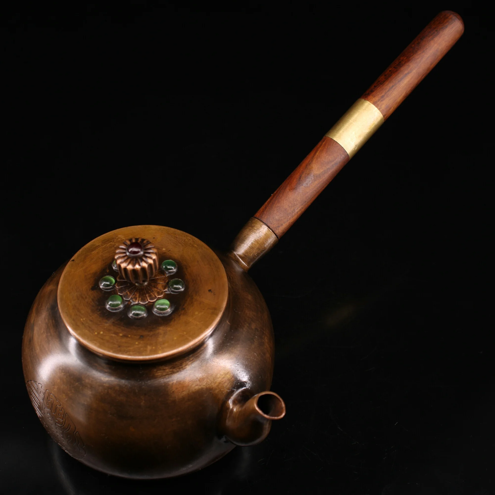 7"Tibetan Temple Collection Old Bronze Mosaic Gem Lotus cap pot Long handle workmanship Kettle Teapot Tea Ceremony Ornament
7"Tibetan Temple Collection Old Bronze Mosaic Gem Lotus cap pot Long handle workmanship Kettle Teapot Tea Ceremony Ornament