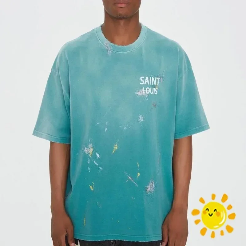 

New Hip hop Washed Tie-dyed Saint Louis T-Shirt Men Women Graffiti Vintage Blue Saint Michael Tee Casual T Shirt
