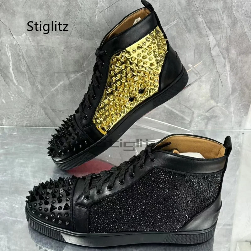 

High-Top Black Gold Rivets Men's Shoes Sweat-Absorbing Breathable Casual Couple Shoes Lace Up Flats Sneakers for Men Women