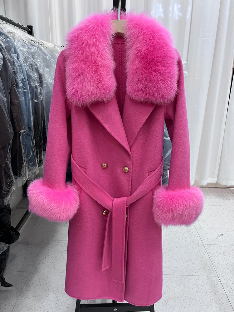 

2023 New Women Winter Coats Cashmere Sheep Wool Blends Real Natural Fox Fur Collar Cuff Belt Slim Style Female Autumn Outerwear