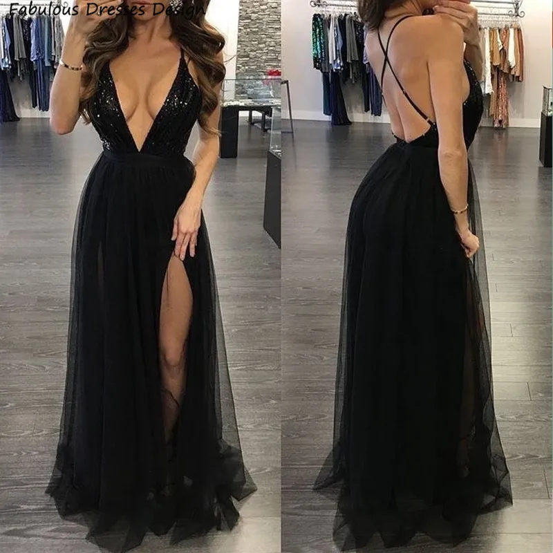 

Sexy Long A-line Prom Dresses Bling Sequin Top And Tulle Skirt Criss-cross Backless V-neck Evening Dress Wedding Guest Gown