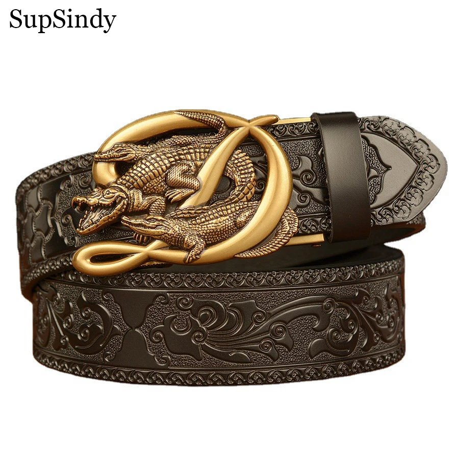SupSindy Men Genuine Leather Belt Luxury Gold Crocodile Metal Automatic Buckle Cowhide Belts for Men Jeans Waistband Male Strap SupSindy Men Genuine Leather Belt Luxury Gold Crocodile Metal Automatic Buckle Cowhide Belts for Men Jeans Waistband Male Strap