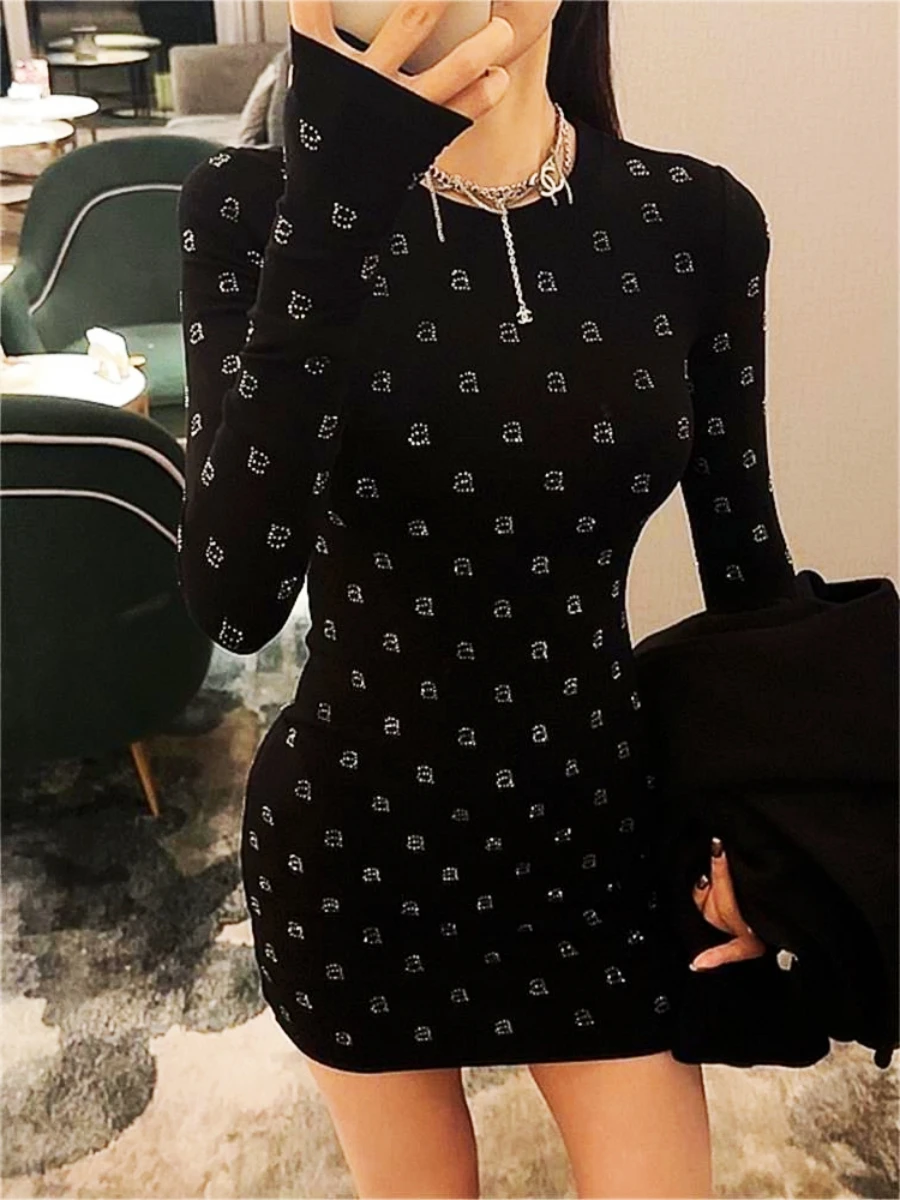 

AW Wang Diamond A Letter Slim Fit Stretch Black Long Sleeve Short Skirt For Women Evening Party Dress Vestidos Midi Clothing