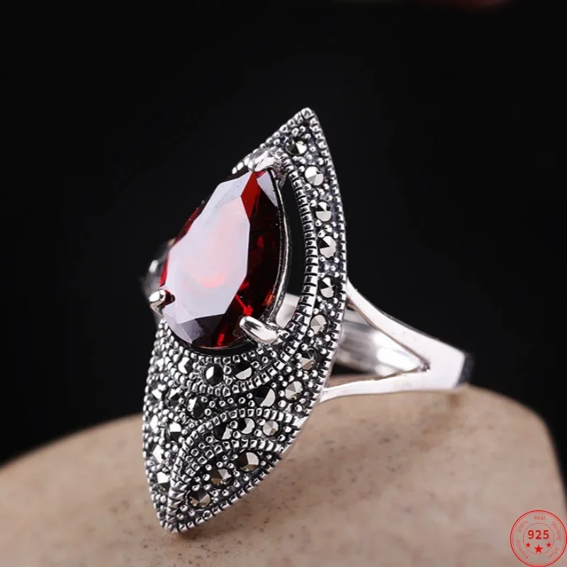 

Genuine S925 Sterling Silver Charms Rings for Women New Fashion Hollow Geometric Pattern Garnet Marcasite Jewelry Free Shipping