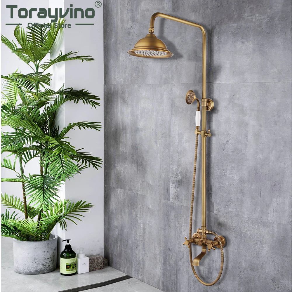 

Torayvino Antique Brass Bathroom Shower Faucet Set Rainfall Wall Mounted Shower Head Bathtub Faucets Mixer Shower Tap Combi Kit