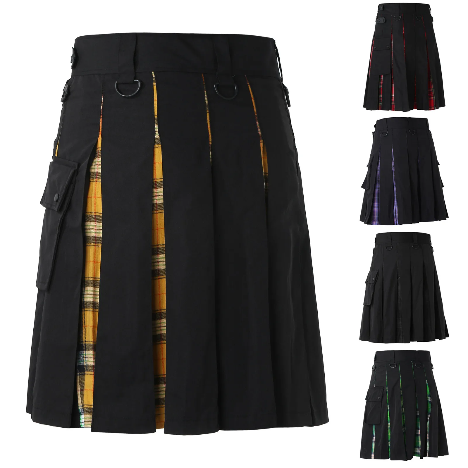 

Men'S Fashion Scottish Retro Kilt Cosplay Pleated Casual Scottish Style Plaid Contrast Highland Pocket Traditional Utility Skirt