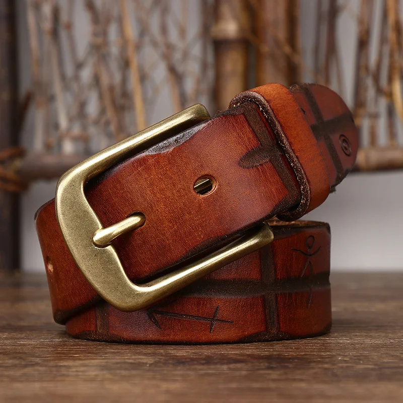 

3.8CM Pure Cowhide High Quality Genuine Leather Belts for Men Strap Male Brass Buckle Jeans Cowboy Luxury Designer Waistband