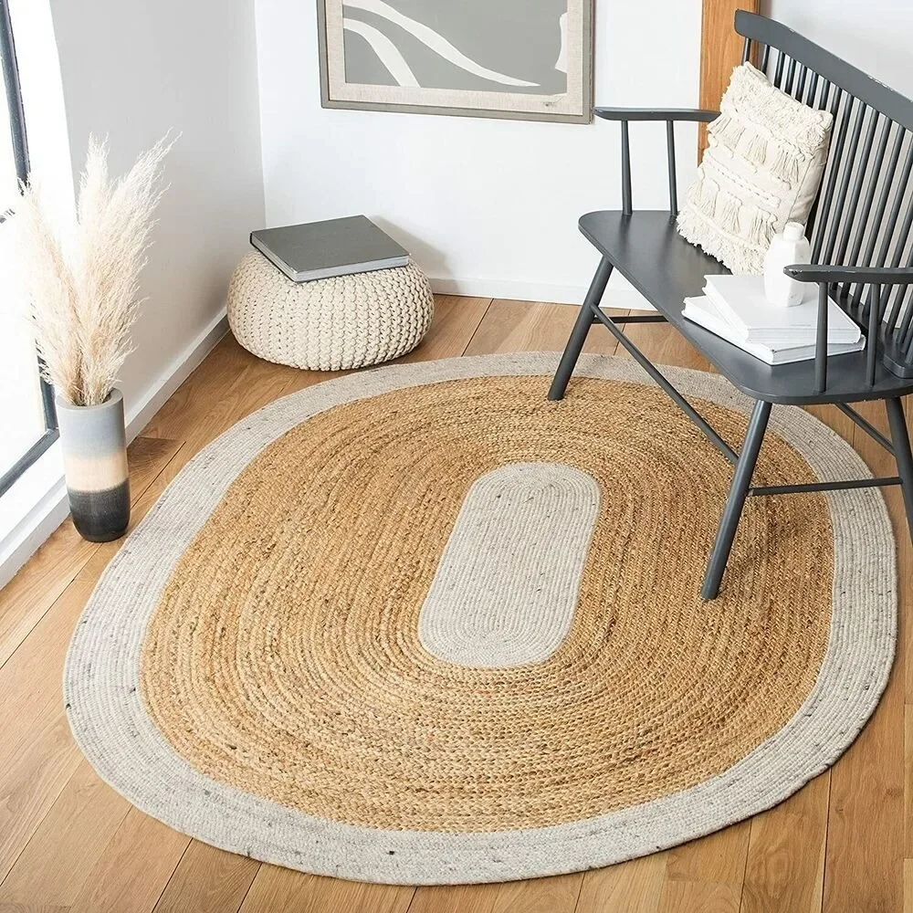 

Jute Oval Rug 100% Natural Handmade Braided Carpet Living Room Modern Reversible Rustic Hallway Floor Mat Home Bedroom Decor