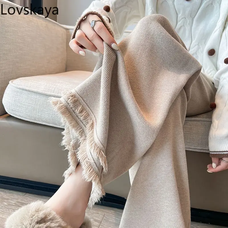 

High waisted draped wide leg pants loose and slimming casual tassel floor mop pants oat color soft glutinous knit pants women