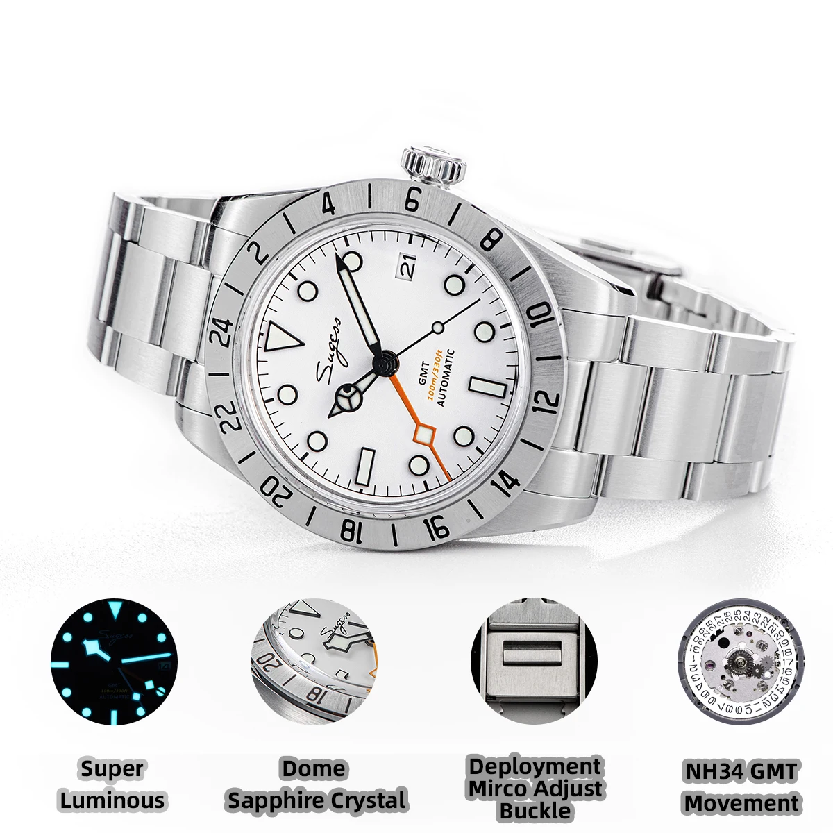 

SEESTERN GMT Mens Watch Automatic NH34 Movement Waterproof Mechanical Wristwatch Dome Sapphire Crystal AR Coating Flying Clasp